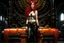 Placeholder: full body and headshot of a skinny young woman, with long straight red hair, standing in a steampunk setting, Frank Franzetta