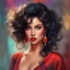 Placeholder: A full body Portrait of a beautiful young woman, slanted, dark eyes with large eyelashes, voluminous wavy black hair, red lipstick, thin strap blouse, colorful, perfect face, shine, realistic, best image quality, oil paint, Light clothes, vivid colors, Thin strap blouse, Art By Jon Bauer,, By cgsociety,standing