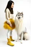 Placeholder: Giant white dog in a feather dress, next to a girl in a yellow sweater, a gray skirt, white stockings and black shoes, both facing the front in the photo. white background, 16K, real photography, portrait.