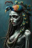 Placeholder: A beautiful girl with a colorful peacock long hair , snake like full body, front view . decayed and rotting with grotesque proportions and imagery. grotesqueries, detailed texture, surreal horror, biomechanical design, by hr giger and beksinski , on blue color