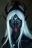 Placeholder: Beautiful female drow, with White hair, with black highlights, gray eyes, silver freakles, black skin and moon in the forehead. Reddish lips