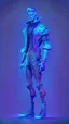 Placeholder: realistic man game character full height with weapoon in blue-purple neon, witn navy background