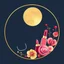 Placeholder: A circular logo for a cosmetics store with a symbol of the moon in the upper part and decorated in the lower part of the circle with nail polish and women's cologne and lipstick and cheek rouge and the use of red, gold, blue and pink colors