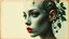 Placeholder: old retro photograph, light vignette, faded, worn and cracked, double exposure, surrealism, female humanoid from another world, red lips, half body, greenish blue pale transparent glowing skin, bald head, plants growing out of head, tattoo on head, alien transparent eyes, double exposure, hyperdetail, double exposure, Anna Razumovskaya, Anna Dittmann, Luis Royo, Neo-impressionism, expressionism, oil painting. Bold, detailed and textured brushstrokes reminiscent of Royo and Peter Coulson. Deep co