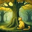 Placeholder: Drawing of a yellow cat sitting in front of a tree, the background is green, storybook illustration by Gediminas Pranckevicius, featured on deviantart, gothic art, magical fairy tale atmosphere, storybook illustration, dark and mysterious