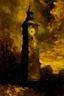 Placeholder: A golden yellow clock tower covered in acid painted by Albert Pinkham Ryder