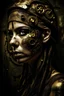 Placeholder: Woman face in background, Steampunk, graffiti, 2D, symbolic, symbols, full page , dual tone, battle damage , rust, old , iron tube, Iron sheets , Tube , pipeline , wire , dark, iron, gold,
