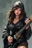 Placeholder: beautiful busty waif woman(wearing a wrinkled dark hoodie with wide sleeves trimmed with lace) playing a black electric guitar at high angle. heavy metal graphic novel
