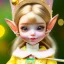 Placeholder: close up on cute elf as dollie deluxe, bright eyes, post card, toy train, front teeth, skin imperfection, princess tiara, cup of tea, toy dog, green and yellow