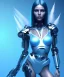 Placeholder: A beautiful portrait of a cute cyborg woman blue color scheme, high key lighting, volumetric light high details with white stripes and feathers and indian paterns and wimgs