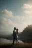 Placeholder: a couple kissing, background blueish sky, cinematographic, 3d render