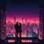 Placeholder: silhouette of couple from building across city landscape horizon neon lights night life