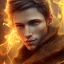 Placeholder: Male, Human, Blond, Sorcerer, Fire Mage, Golden Eyes, Young, Photorealism, Full Body Shot, Forest Background