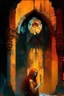 Placeholder: Decrepit ruined church with beautiful priestess with red hair holding a golden blood chalice in front of broken stained glass in orange smoke beksinski