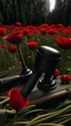 Placeholder: A wooden judge's gavel engraved with T letter. Next to a black pistol and two black leather gloves. Placed in a field filled with red poppies.. Dark garden background. Dark garden background cinematic.