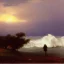 Placeholder: George Inness, painting, trees, ocean, waves, thunderstorm, photo realistic, 8k, sunrise