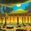 Placeholder: A yellow glowing ruins with clocks in a thunderstorm designed in ancient Greek pottery painted by Utagawa Hiroshige