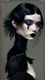 Placeholder: painting by koson ohara and marta bevacqua, portrait of a beautiful goth woman with black hair Caress a crow, wearing a black dress, 8k, high quality, highly detailed full body