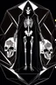 Placeholder: isometric low-poly character of a skeleton in a black hooded cloak,all inside a lighter diamond shape on a black background, monochromatic