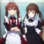 Placeholder: Clear focus, High resolution, Rough line, cute, anime style, red eyes, sparkling eyes, brown hair, red eyes, wearing a maid outfit, long twin tails, long bangs, anime screencap, choppy long bangs