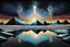 Placeholder: Pointillism surreal abstract landscape, standing and floating geometric shapes with shadows, reflections in iced-desert scene, dark complementer colours, surreal sky, lightning, detailed, masterpiece