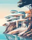 Placeholder: Architectural illustration of a captivating masterpiece of modern minimalist architecture, neo-futurist style. The scene shows a luxury house or resort on a cliff by the sea. Trees three people. Clear summer weather. Complementary colors.