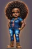 Placeholder: vibrant psychedelic pop punk image, airbrush, 48k, cartoon art image of a plus size chibi dark skinned Black female wearing a sapphire blue jean outfit with timberland boots. Prominent make up with brown eyes and lush lashes. Highly detailed tight curly ombre afro