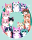 Placeholder: A charming illustration of adorable cartoon cats arranged in a circle, perfect for a heartwarming greeting card. The cats, a mix of breeds including Persians, Siamese, and Maine Coons, each display uniquely expressive faces with large, sparkling eyes and playful smiles, wearing pastel-colored collars in shades of pink, lavender, and mint green. Surrounding the circle of cats are scattered pastel fish bones and paw prints against a clean white background, with the text "Life is purrfect with cats