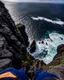 Placeholder: from the point of view of a rock climber, look down at the ocean rocks below as you climb high into the bluffs of ireland. holding on to the cliff face, the ocean below storms and swirls around a giant whirlpool, a great pit in the ocean