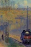 Placeholder: cyberpunk, technopunk, steampunk train on a train track, Impressionist landscape, Impressionist painting, Alfred Sisley, Pierre-August Renoir, Claude Monet, Robert Hagan, textured paint, luminism, hyperrealism, fine art