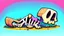 Placeholder: chibi-style bony animal bones, big ribs pointing up, lying on the ground, cartoony, colorful, exaggerated, simplified,