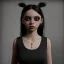 Placeholder: Female Jenna ortega black dress,soft goth libstick, wednesday addams make up, dramatic lighting, highly detailed, volumetric lighting, unreal engine, 8k