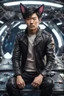 Placeholder: Male Asian actor with cat ears in a leather jacket, on a spaceship deck