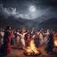 Placeholder: Hyper Realistic photographic-view of Pashto-People doing Traditional-Pashto-Attan-Dance with celebration atmosphere & garland-lights & bonfire on mountain-top at night with cloudy-moonlight showing dramatic & cinematic ambiance