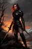 Placeholder: A formidable warrior girl in black armor, on the background Amazing gloomy landscape, flooded with sunset, mountains, trees, fabulous scary hero, , juicy emotions, painting, dark fantasy, gloomy day, dark world, portrait, by Raymond Swanland & Alyssa Monks & Anna Razumovskaya