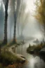Placeholder: soft fog, with light breaking through, tall white birch trees, and a stone path flanking both sides of the pond going up to a gazebo, mystic fantasy genre