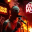 Placeholder: a very thin swedish man, with a skimask with only a hole for the mouth (no eyes), he is called "KEBAB MAN" performing at death metal club, his name is "KEBAB MAN" kebab rolls On stage, kebab Neon lights and smog, and "KEBAB MAN" big sign on the wall, kebab tribal tattooes, spinning kebab machines, flames and smoke, chaos, he singing with mic,