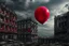Placeholder: one red party balloon on sky over one little dark old city,, high realistic, storm, gloomy, surreal, ruins, professional photo, cinematic, utopistic