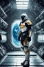 Placeholder: a paladin knight lost in a space station [Shattered Image, Shot the texture and then rewound the film and double exposed from multiple 1979 B colour series movie]
