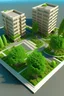 Placeholder: create a 3D view of a corner of a city, in which you can see modern buildings, 15 meter wide roads with internal planters, central planter on the roads with trees, lighting on the sidewalks