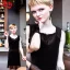 Placeholder: Russian boyish boylike female figure guy short man's haircut men's face boyish features in black girlish lacy cocktail dress earrings in restaurant