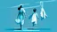 Placeholder: A digital illustration of a woman walking carrying a child in a sling, on an aquamarine blue background, with clothes hanging on a line nearby