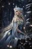 Placeholder: Elven princess,elven crown,long white blonde golden hair,rapunzel hair,ice flowers,beautiful,light blue,dark blue,golden armor,sparkle,glitter,ice flowers,snow,elven ears,dark fairy princess