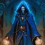 Placeholder: 90's fantasy tcg art of a hooded man with a spiral mask in a blue circus