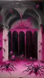 Placeholder: Purplish fuchsia catacombs with spiders designed in Mayan architecture painted by Clyfford Still