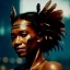 Placeholder: A beautiful portrait of a cyberpunk black tribal woman with lot's of grain on her skin and tribal tatoos, with natural hair floating in the wind cyborg smiling facing camera orange color scheme, high key lighting, volumetric light high details with white stripes and feathers unreal 5, octane render, cinema4d, dynamic lighting, dramatic lighting, 4k, redshift render, highly detailed, hyper realistic