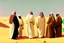 Placeholder: A tall fat european man in business suit wathcing four Arabian sheikhs sitting in the desert wearing typical Arab dresses, looking towards the four cardinal points and he is thinking.