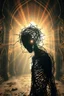 Placeholder: An humanoid entity made out of bloody razor wire, metaphysical creature looking at the viewer with a singularity in it's head,strange liminal background clashes with a vivid gothic monastery surrounding, cinematic lighting,deep shadows, exploding rays of light behind it,
