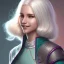 Placeholder: D&D character, female, cleric, platinum blonde hair, gold eyes, smile, teal armor