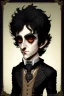 Placeholder: black haired black eyed young man necromancer steampunk Gnome that looks like a young Edgar Allan Poe with gothic jewelry in the style of Charles Addams